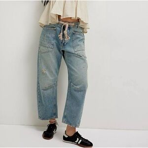 Free People We The Free Moxie Pull-On Barrel Jeans in Union Blue 28